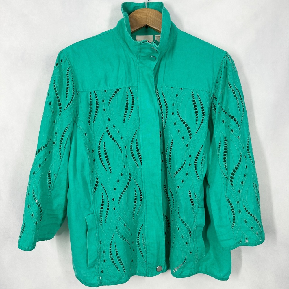 Chico's Size 3 100% Linen 3/4 Sleeve Eyelet Green Jacket Women's Size XL